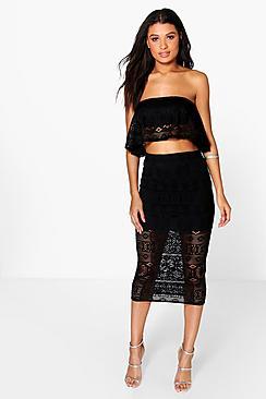 Boohoo Edna Crochet Top & Midi Skirt Co-ord Set