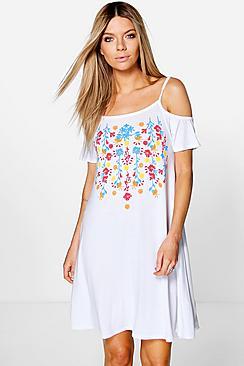 Boohoo Nala Printed Embroidery Cold Shoulder Swing Dress