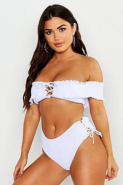 Boohoo Lettuce Hem Bardot Lace Up Bikini