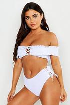 Boohoo Lettuce Hem Bardot Lace Up Bikini