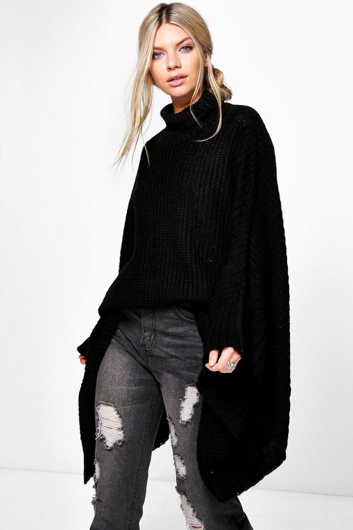 Boohoo Scarlett Roll Neck Soft Knit Poncho Jumper Black