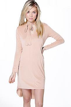 Boohoo Bella Tie Neck Dipped Hem Shift Dress