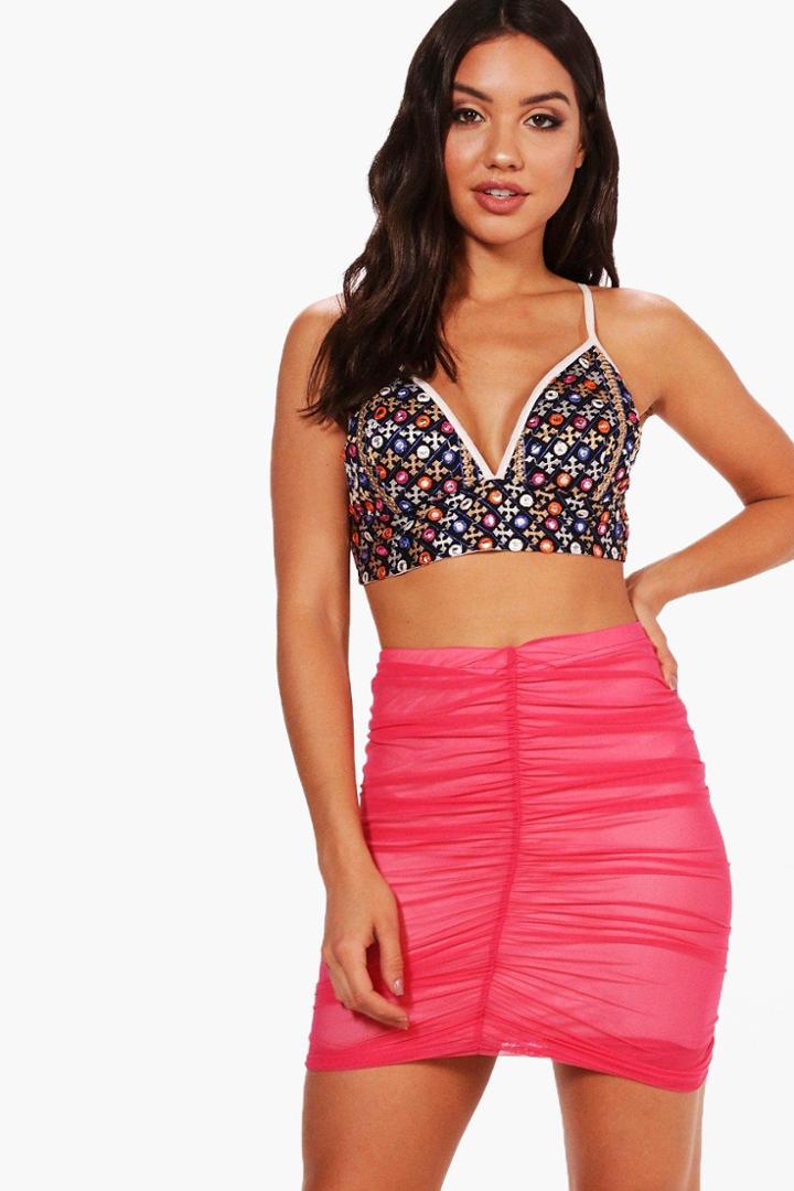 Boohoo Jayde Rouched Mesh Micro Mini Skirt Cerise