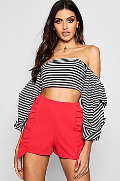 Boohoo Kate Striped Volume Sleeve Bardot Crop Top