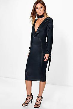 Boohoo Jane Choker Slinky Split Sleeve Midi Dress