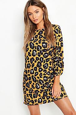 Boohoo Leopard Print High Neck Blouson Sleeve Shift Dress