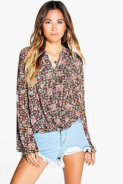 Boohoo Daisy Ditsy Floral Wrapover Blouse