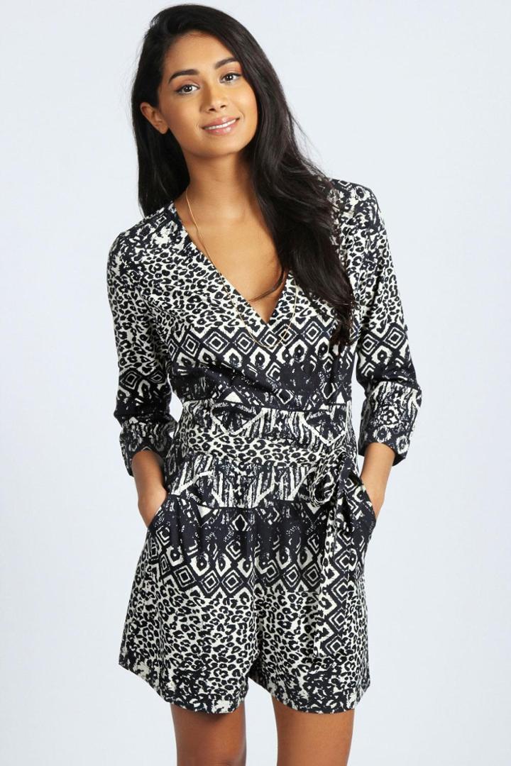 Boohoo Rebecca Animal Ikat Print Wrap Front Playsuit - Black