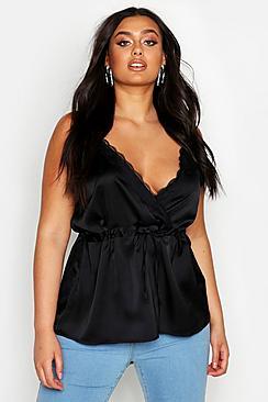 Boohoo Plus Lace Trim Drawstring Satin Cami