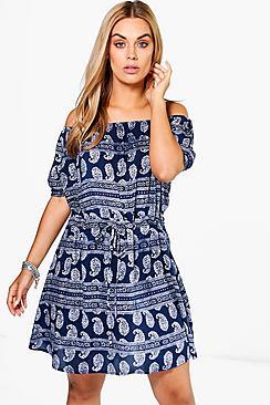 Boohoo Plus Lola Paisley Woven Off The Shoulder Dress