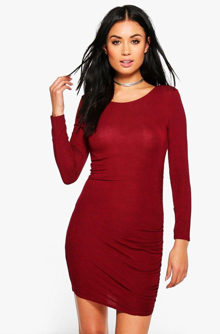 Boohoo India Long Sleeve Side Rouched Midi Dress Wine