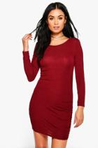 Boohoo India Long Sleeve Side Rouched Midi Dress Wine