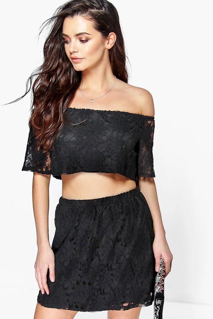 Boohoo Tara Off The Shoulder Lace Top & Skirt Co-ord Set Black