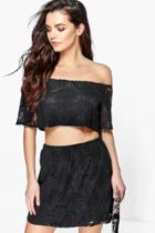 Boohoo Tara Off The Shoulder Lace Top & Skirt Co-ord Set Black