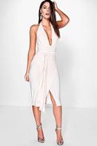 Boohoo Shahad Slinky Plunge Halter Wrap Skirt Dress