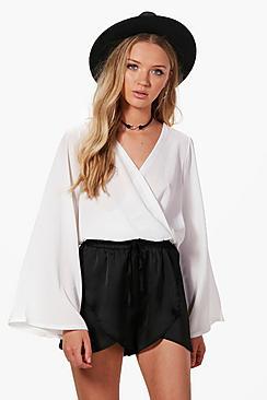 Boohoo Callie Flare Sleeve Wrap Woven Crop Top