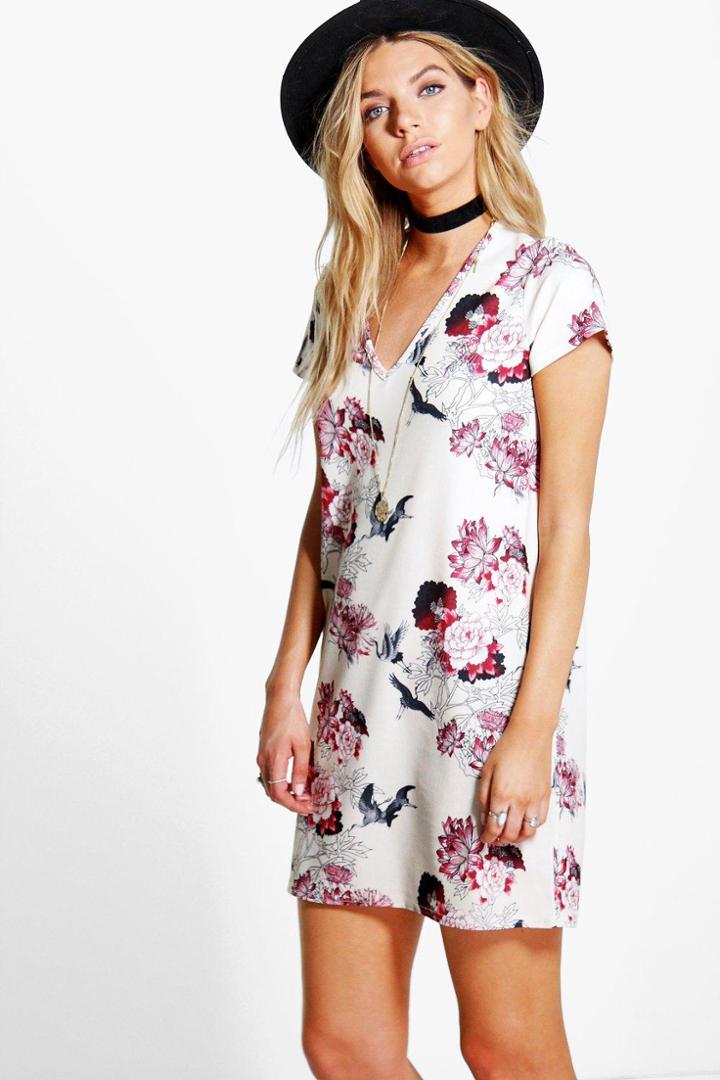 Boohoo Carmen Oriental Plunge Cap Sleeve Shift Dress Multi