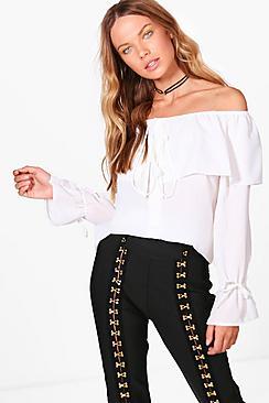 Boohoo Emily Woven Button Through Off The Shoulder Top