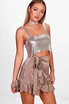 Boohoo Tali Tie Waist Wrap Ruffle Sateen Mini Skirt
