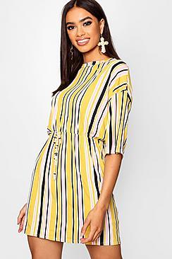 Boohoo Tonal Stripe Tie Waist Jersey Tee Dress