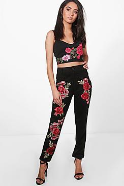 Boohoo Petite Fay Embroidered Suedette Stretch Trousers