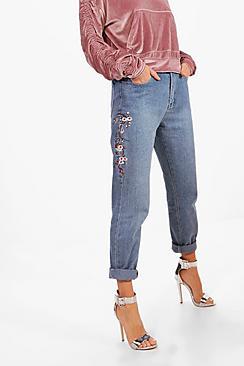 Boohoo Janie Blossom Embroidery Boyfriend Jeans