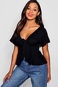 Boohoo Petite Tie Front Peplum Hem Top