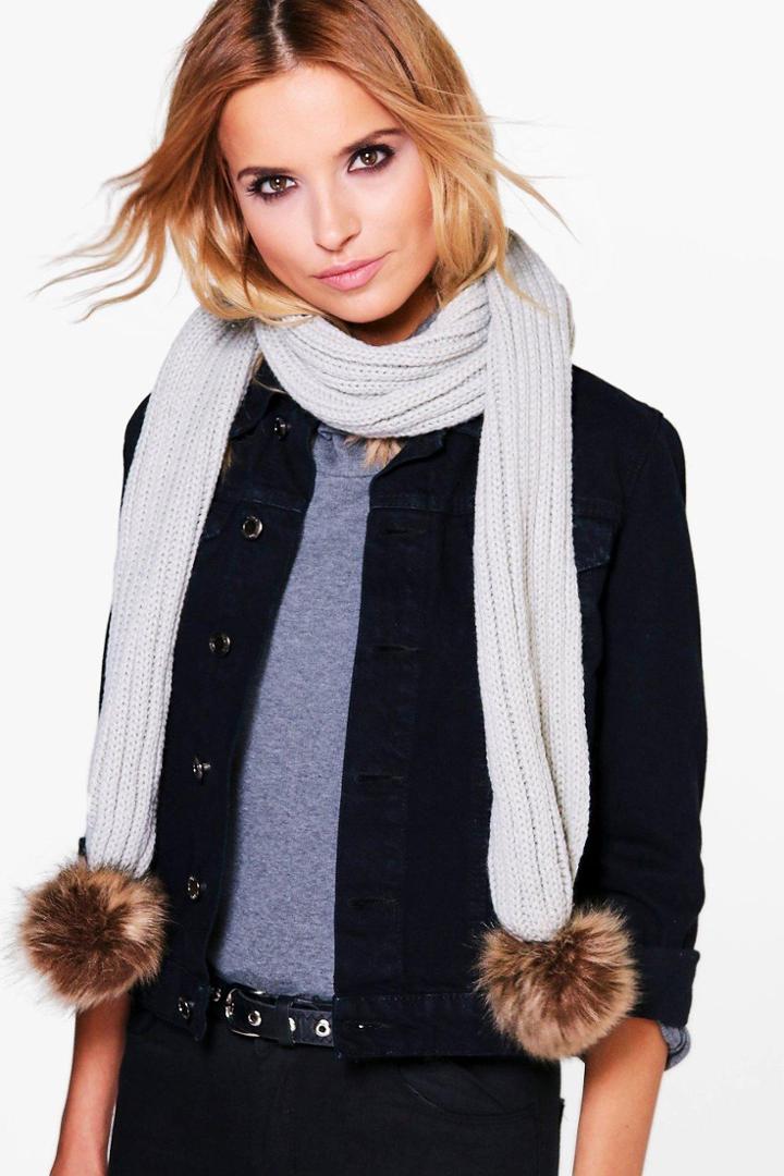 Boohoo Eve Faux Fur Pom Knitted Scarf Grey