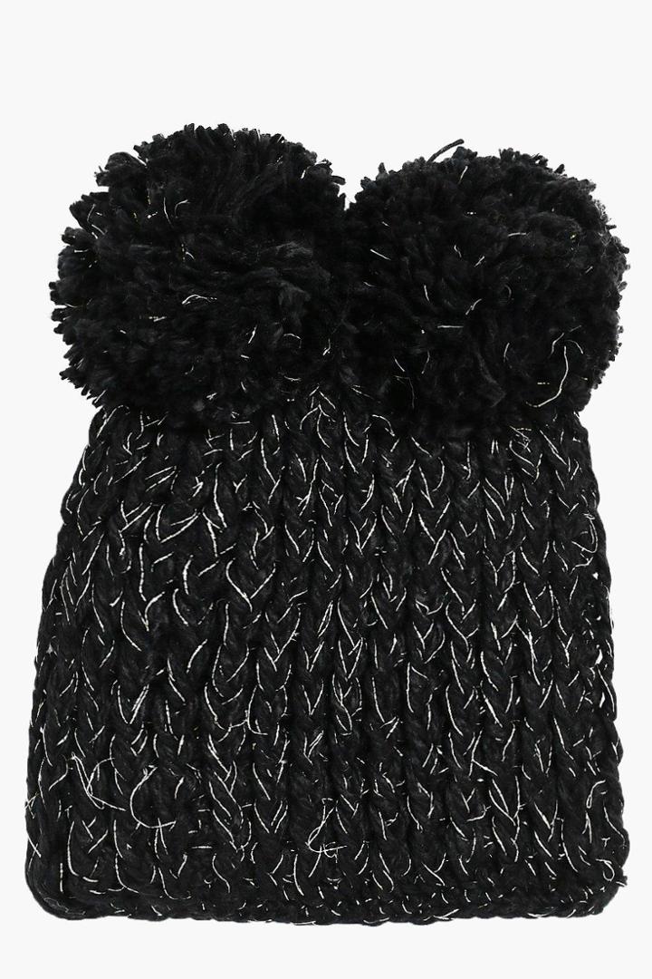 Boohoo Nancy Double Pom Beanie Hat Black