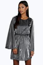 Boohoo Kora Metallic Open Back Wide Sleeve Skater Dress