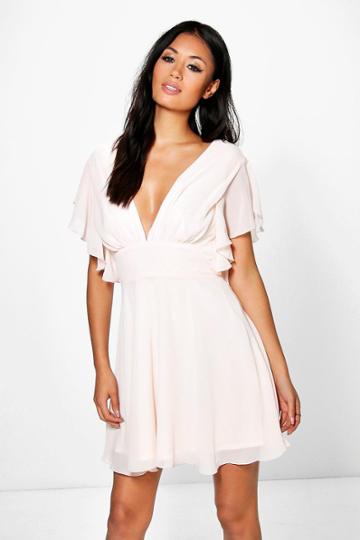 Boohoo Melodie Chiffon Frill Detail Skater Dress Blush