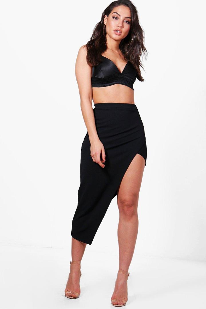 Boohoo Milani Asymetric Wrap Front Midi Skirt Black