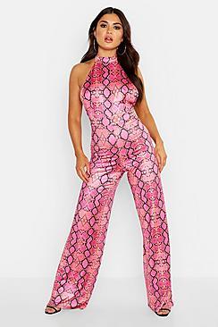 Boohoo High Neck Backless Wide Leg Snake Print Jumpsuit