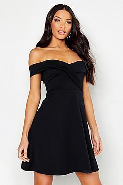 Boohoo Bardot Sweetheart Neck Skater Dress