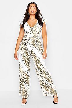 Boohoo Plus Chain Print Angel Sleeve Wide Leg Jumpsuit