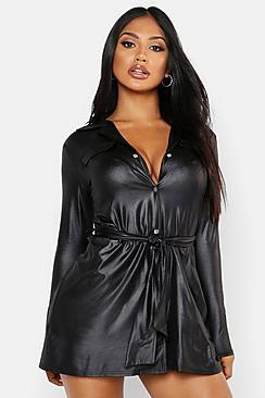 Boohoo Pu Oversized Tie Waist Shirt Dress