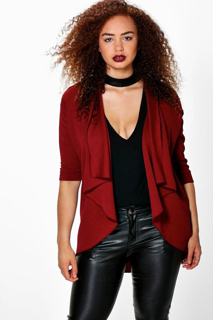 Boohoo Plus Jules Crepe Waterfall Jacket Wine