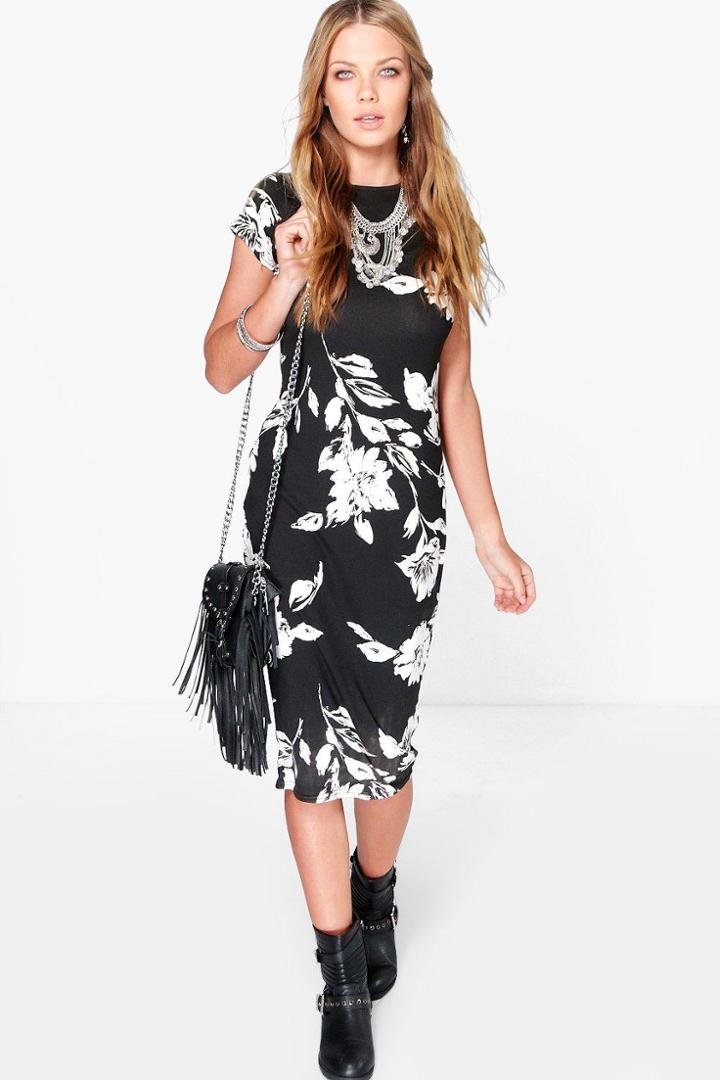 Boohoo Ava Floral Printed Bodycon Midi Dress Black