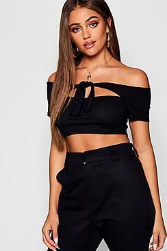 Boohoo Knot Front Ribbed Cut Work Crop