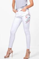 Boohoo Jess Mid Rise Embroidered Skinny Jeans White