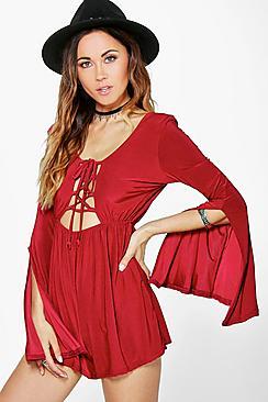 Boohoo Edna Lace Up Front Exaggerated Sleeve Playsuit