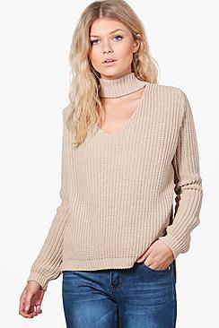 Boohoo Petite Lou Choker Strap V Neck Jumper