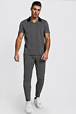 Boohoo Stripe Revere Collar Polo And Jogger Twinset