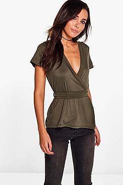 Boohoo Tegan Wrap Over Tie Front Short Sleeve Top