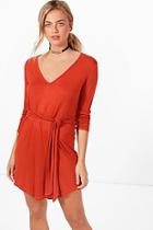 Boohoo Freya V Neck Tie Belt Shift Dress