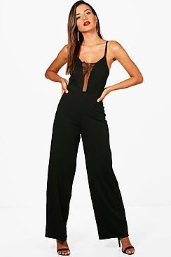 Boohoo Clem Cami Style Lace Insert Wide Leg Jumpsuit