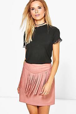 Boohoo Amaya Suedette Tassle Front Mini Skirt