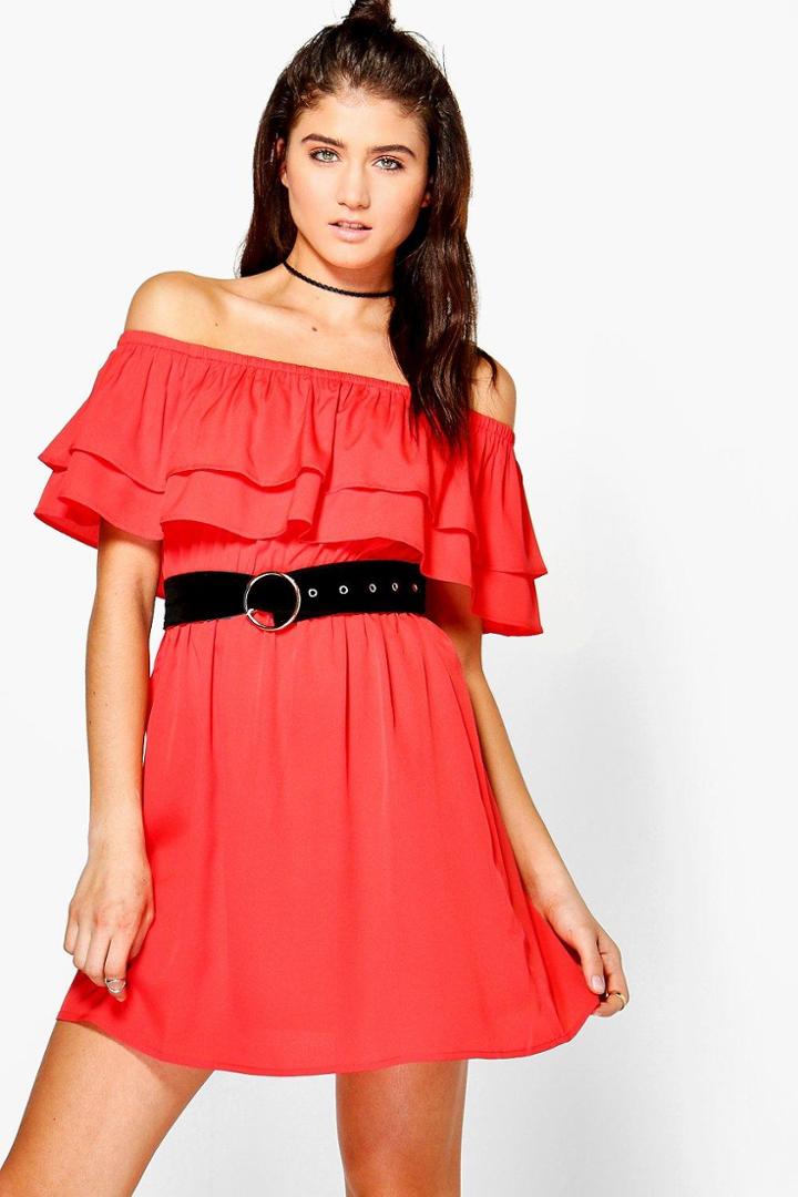 Boohoo Timi Double Frill Off Shoulder Shift Dress Poppy