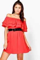 Boohoo Timi Double Frill Off Shoulder Shift Dress Poppy