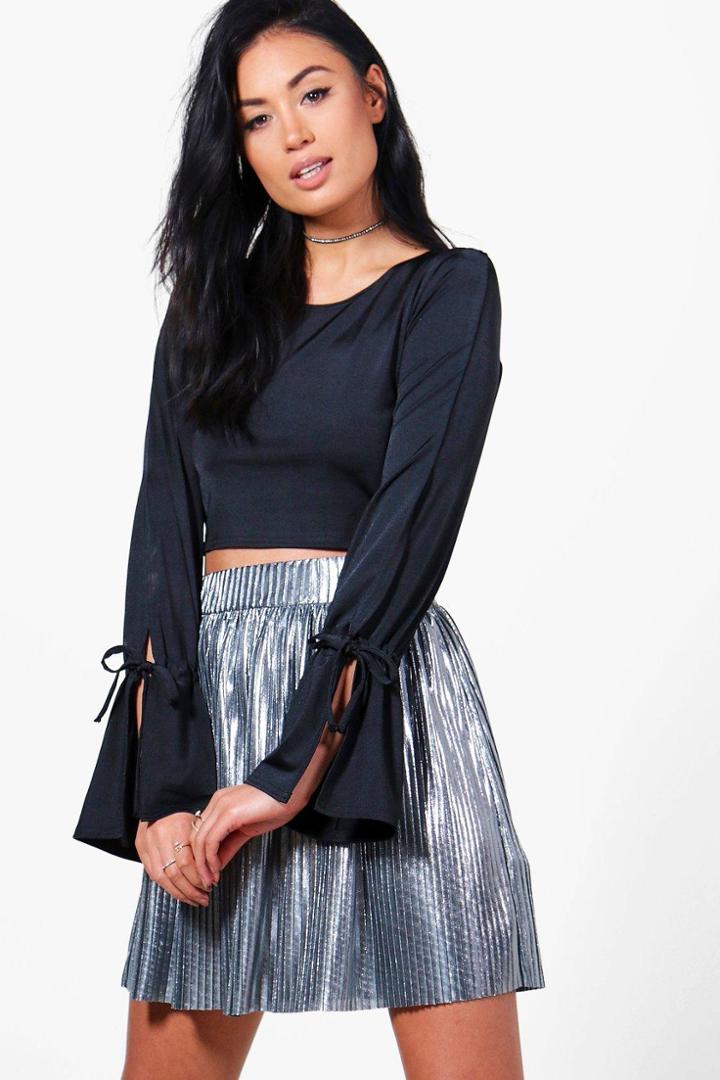 Boohoo Ava Slinky Tie Sleeve Crop Black